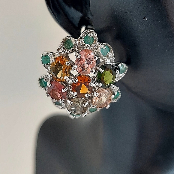 Natural Tourmaline, Emerald 14K White‎ Gold on 925 Sterling Silver Earrings - Picture 6 of 7